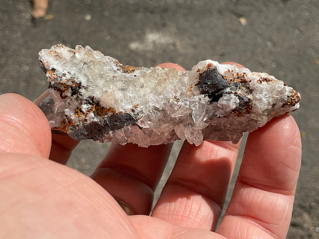 90g Diamond Calcite on Black Siderite with Red Hematite Specimen 6C