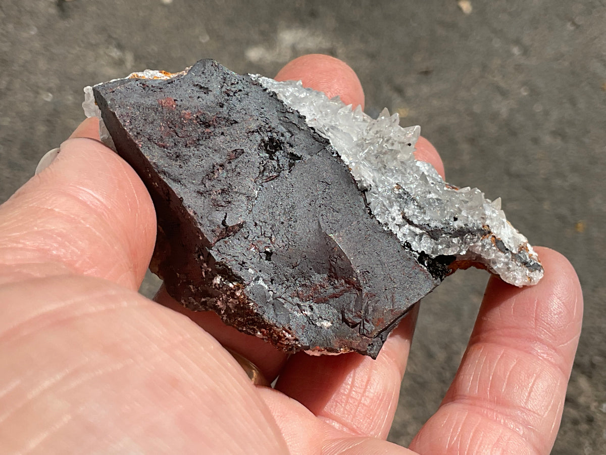 90g Diamond Calcite on Black Siderite with Red Hematite Specimen 6C
