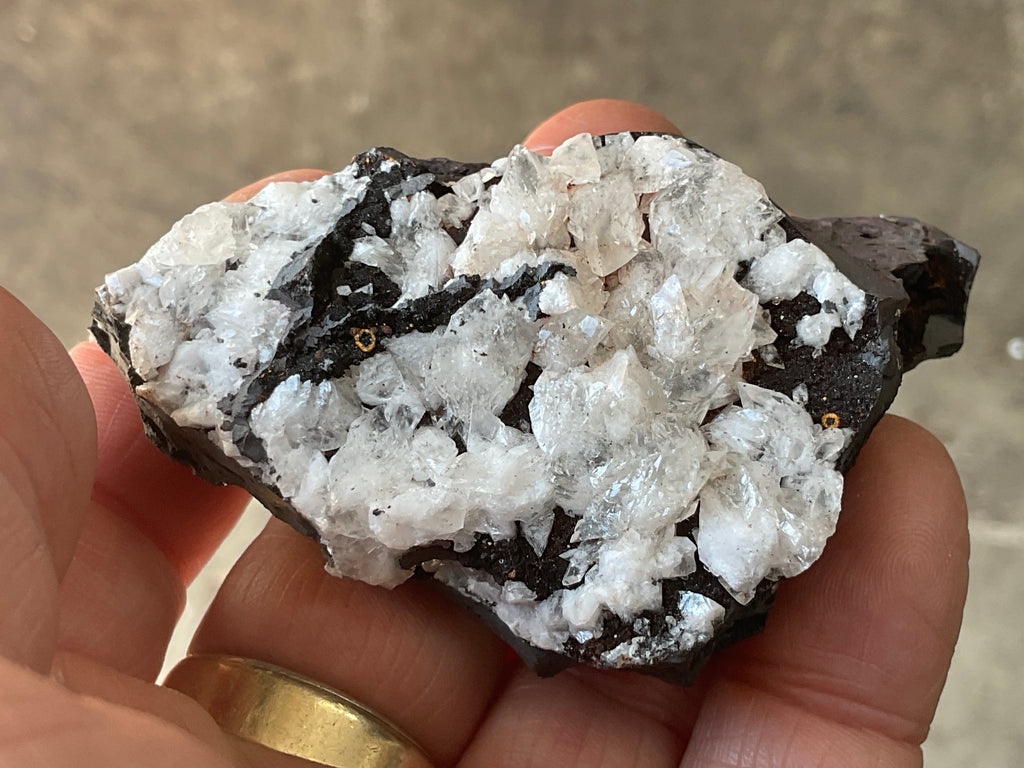 94g Diamond Calcite on Black Siderite with Hematite Specimen 7A