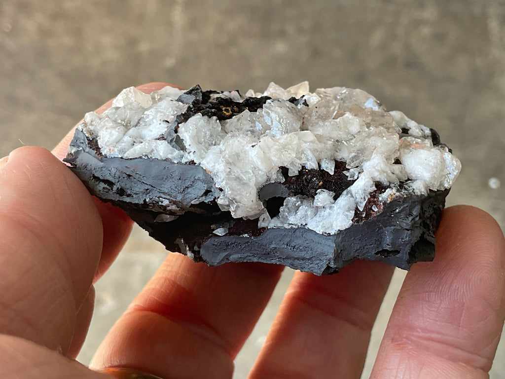 94g Diamond Calcite on Black Siderite with Hematite Specimen 7A