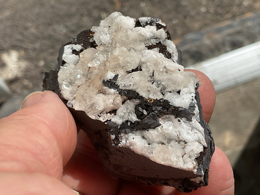 94g Diamond Calcite on Black Siderite with Hematite Specimen 7A