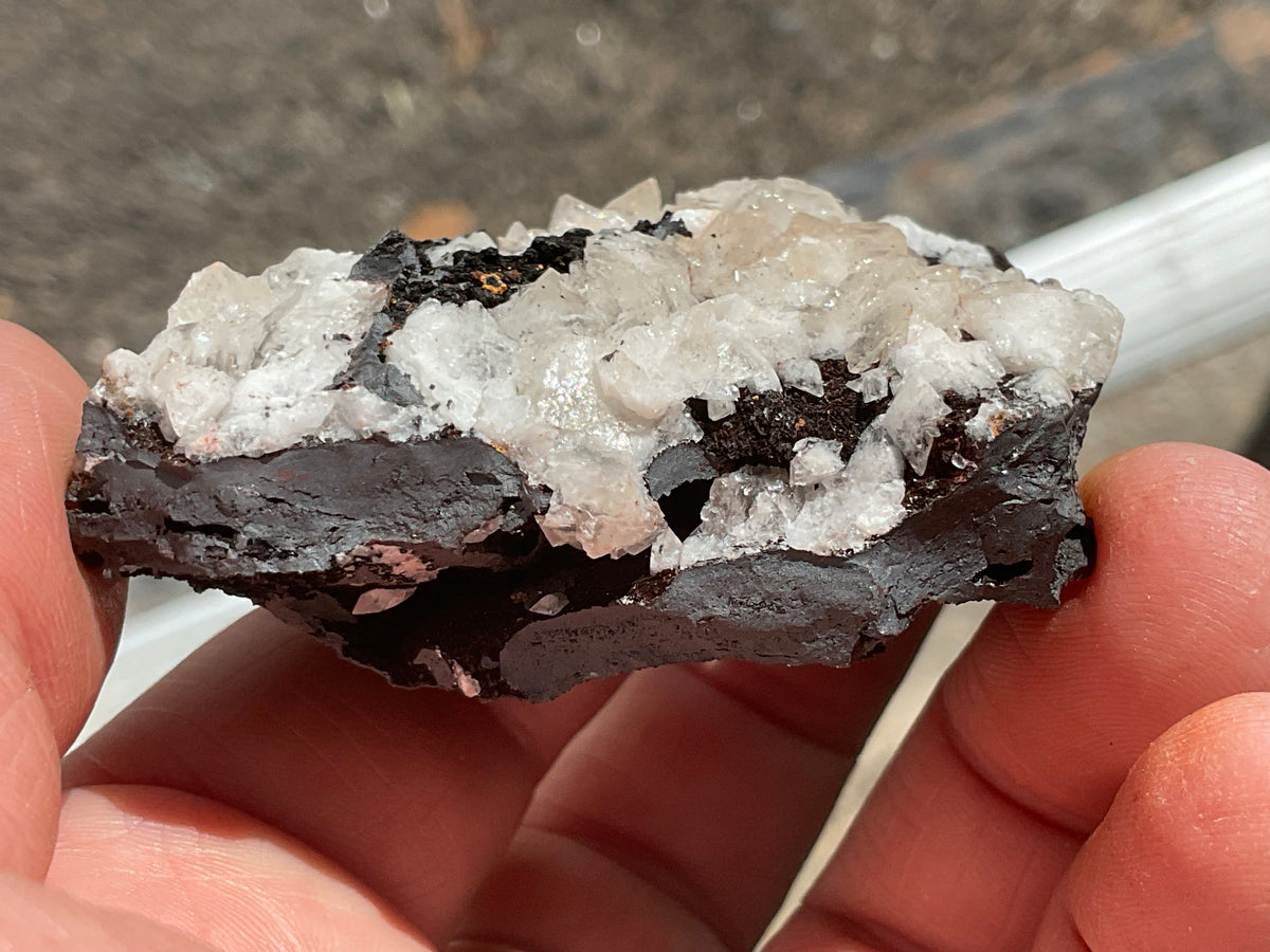 94g Diamond Calcite on Black Siderite with Hematite Specimen 7A
