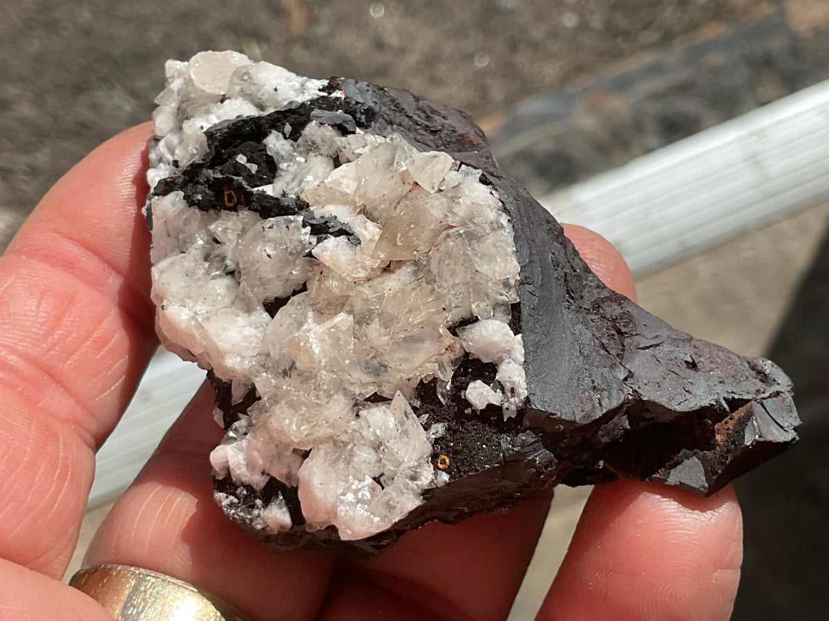 94g Diamond Calcite on Black Siderite with Hematite Specimen 7A