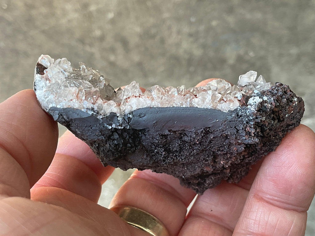 104g Diamond Calcite on Black Siderite with Red Hematite Specimen 7B