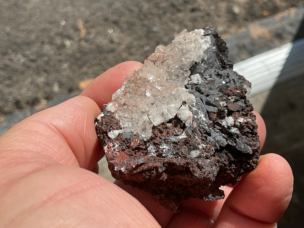 104g Diamond Calcite on Black Siderite with Red Hematite Specimen 7B