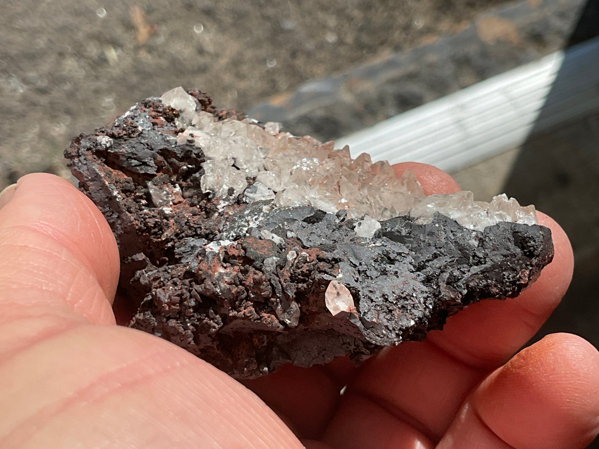 104g Diamond Calcite on Black Siderite with Red Hematite Specimen 7B