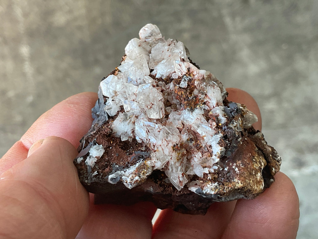 104g Diamond Calcite on Black Siderite with Red Hematite Specimen 7C