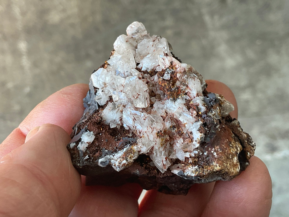104g Diamond Calcite on Black Siderite with Red Hematite Specimen 7C