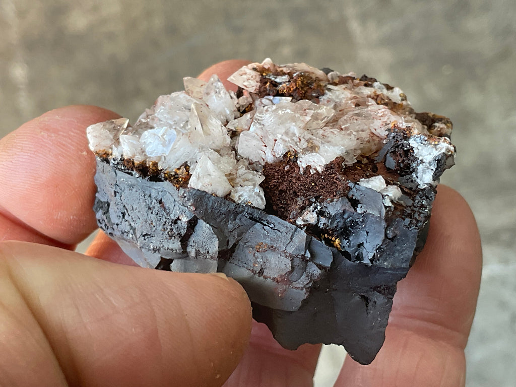 104g Diamond Calcite on Black Siderite with Red Hematite Specimen 7C