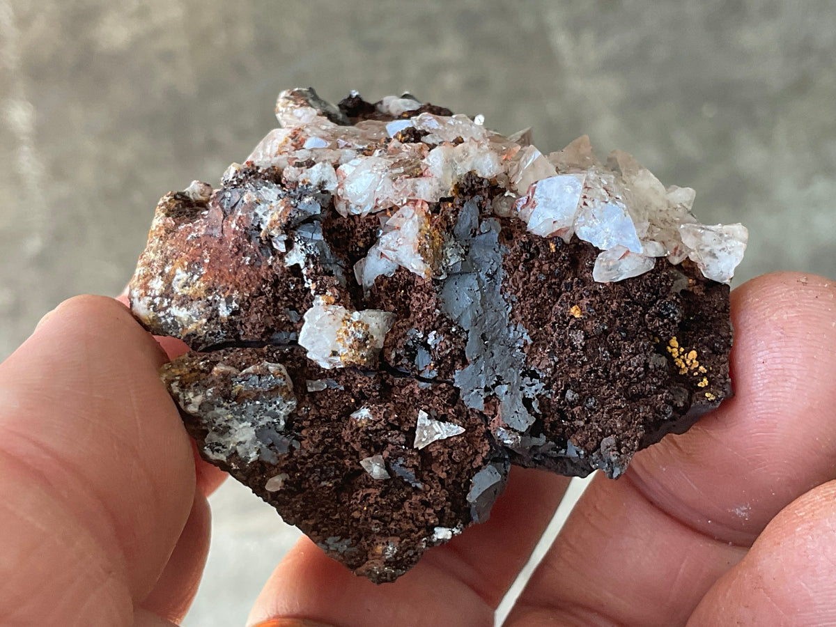 104g Diamond Calcite on Black Siderite with Red Hematite Specimen 7C