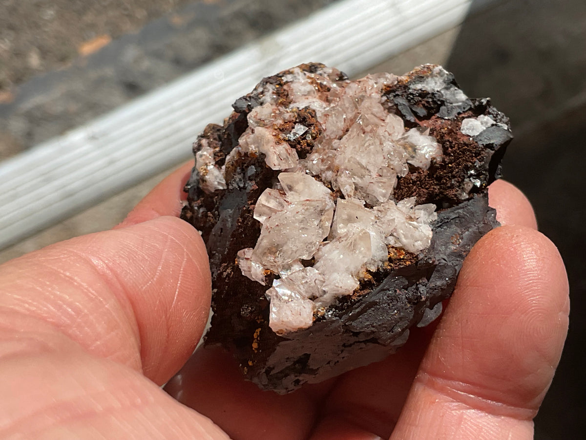 104g Diamond Calcite on Black Siderite with Red Hematite Specimen 7C