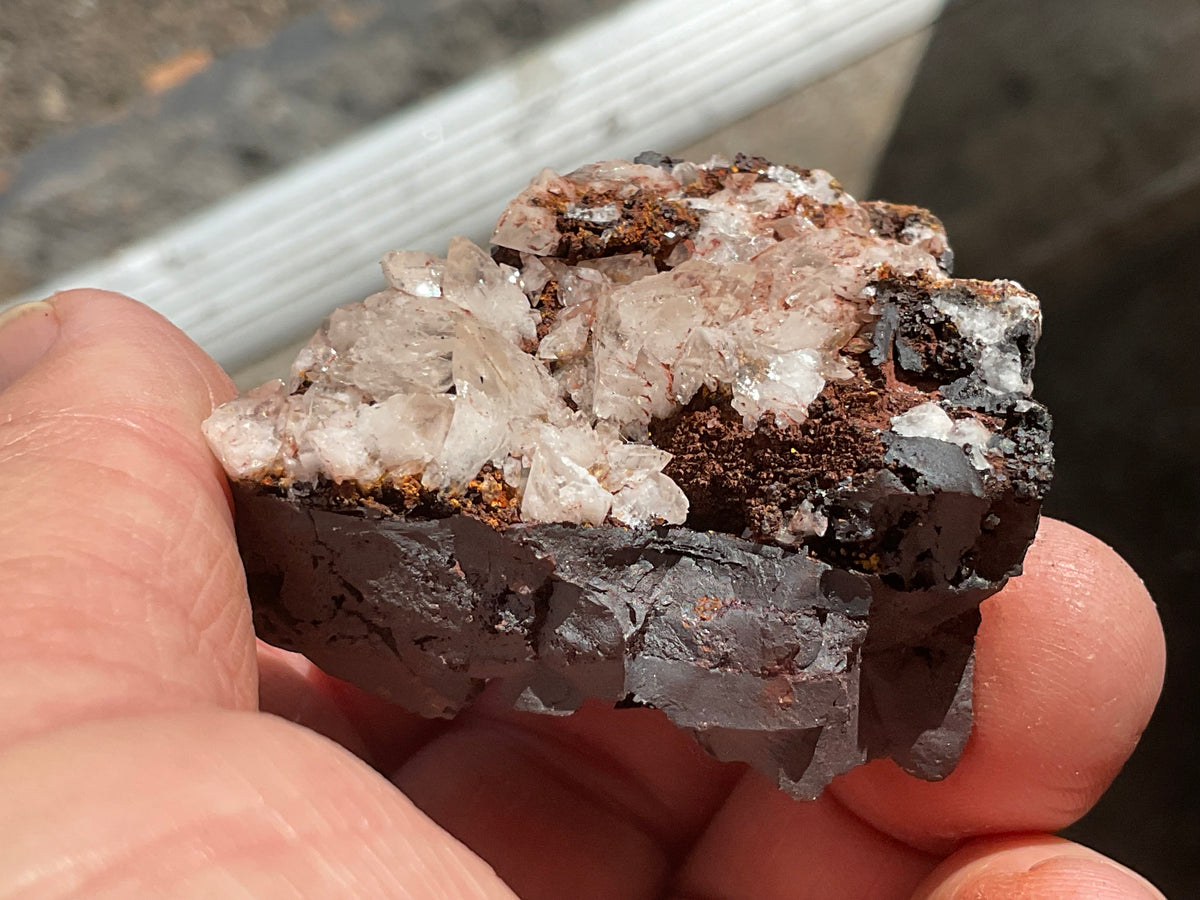 104g Diamond Calcite on Black Siderite with Red Hematite Specimen 7C