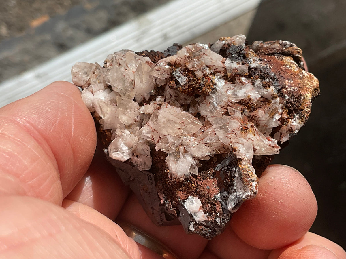 104g Diamond Calcite on Black Siderite with Red Hematite Specimen 7C