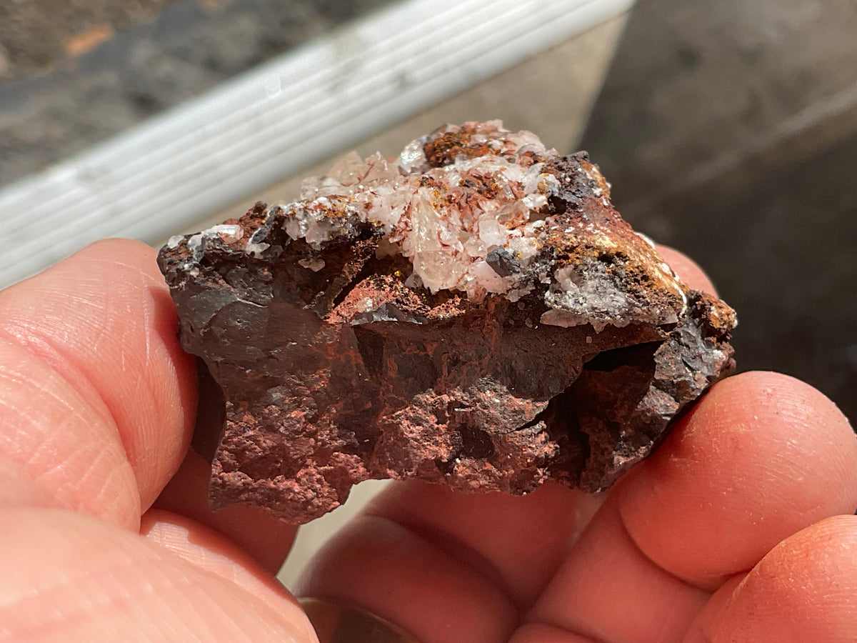 104g Diamond Calcite on Black Siderite with Red Hematite Specimen 7C