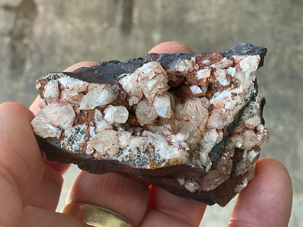 116g Diamond Calcite on Black Siderite with Red Hematite Specimen 8A