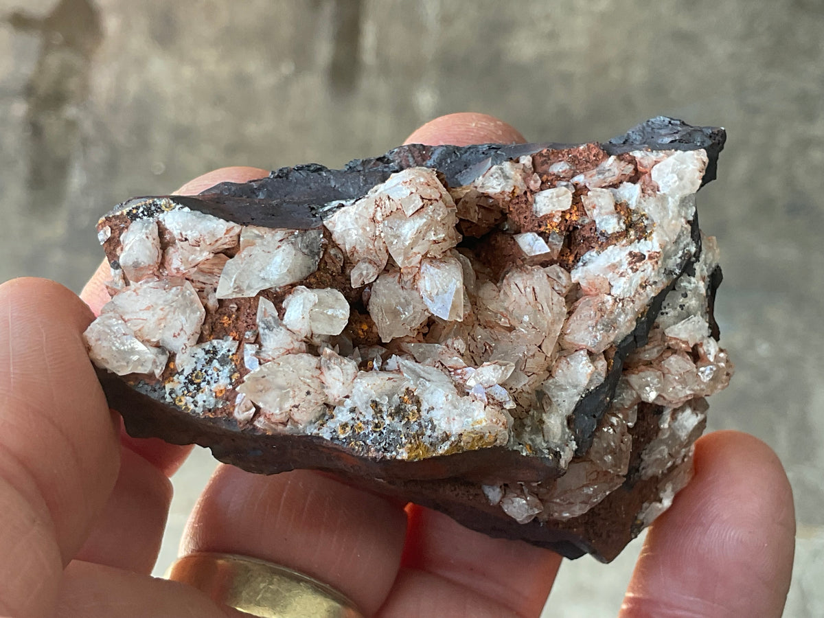 116g Diamond Calcite on Black Siderite with Red Hematite Specimen 8A