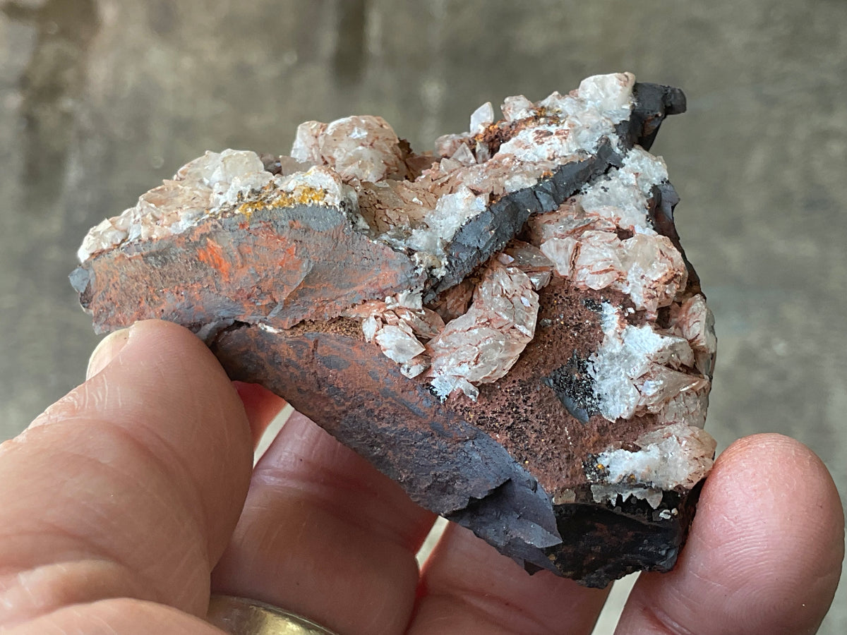 116g Diamond Calcite on Black Siderite with Red Hematite Specimen 8A