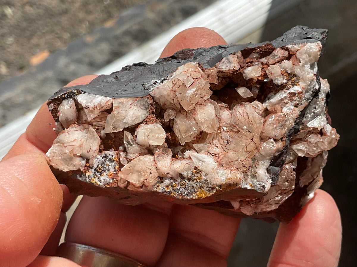 116g Diamond Calcite on Black Siderite with Red Hematite Specimen 8A