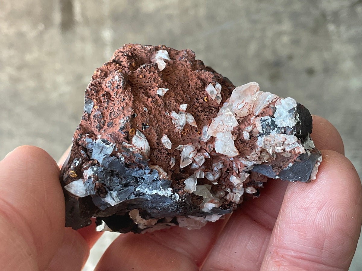 124g Diamond Calcite on Black Siderite with Red Hematite Specimen 8B