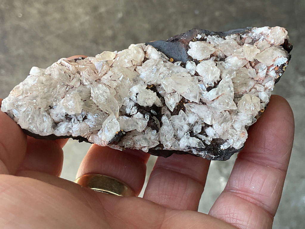 206g Diamond Calcite on Black Siderite with Red Hematite Specimen 9A