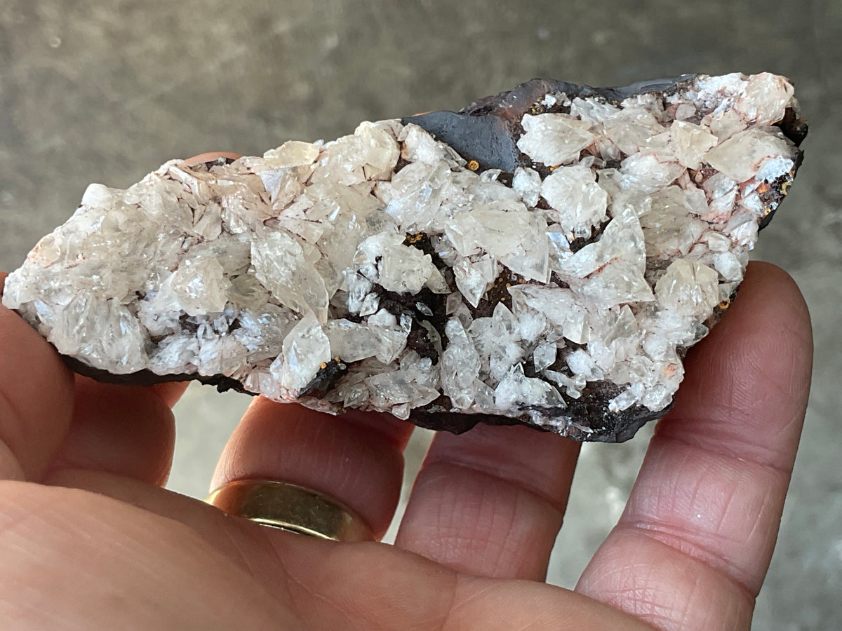 206g Diamond Calcite on Black Siderite with Red Hematite Specimen 9A