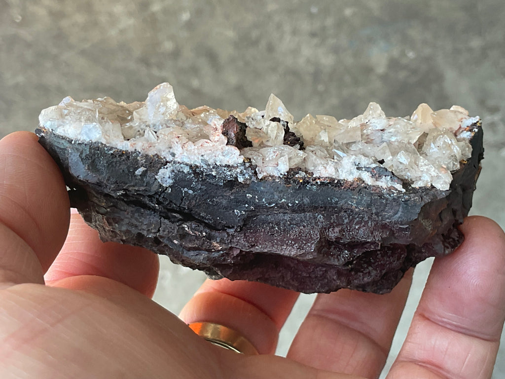 206g Diamond Calcite on Black Siderite with Red Hematite Specimen 9A