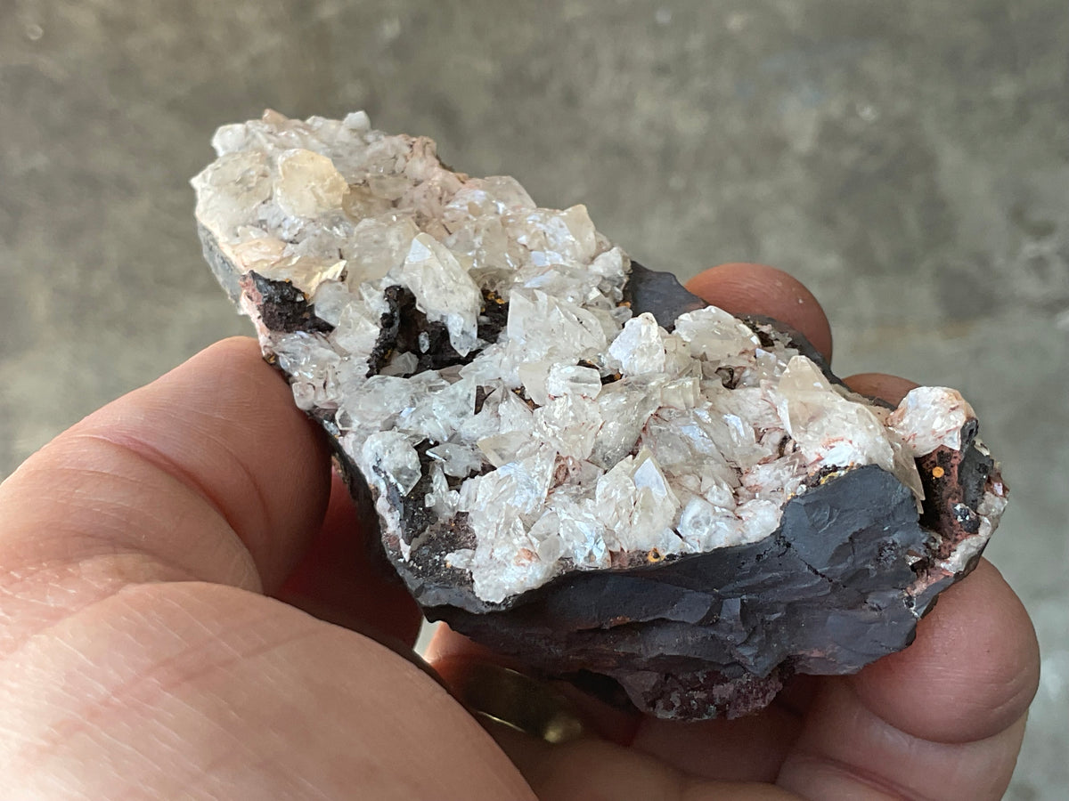 206g Diamond Calcite on Black Siderite with Red Hematite Specimen 9A