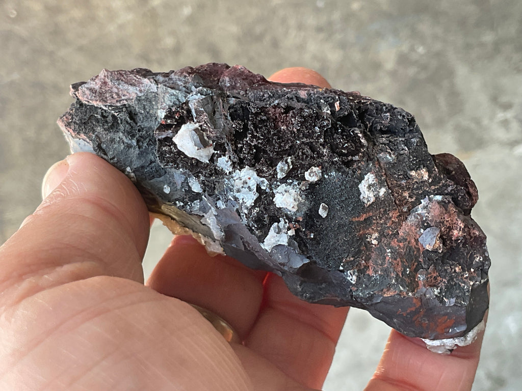 206g Diamond Calcite on Black Siderite with Red Hematite Specimen 9A