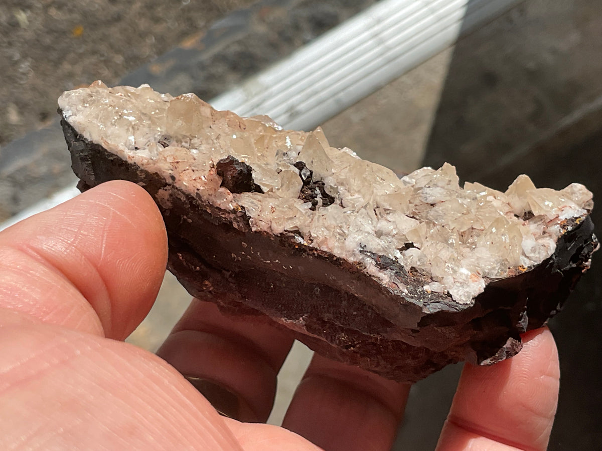 206g Diamond Calcite on Black Siderite with Red Hematite Specimen 9A
