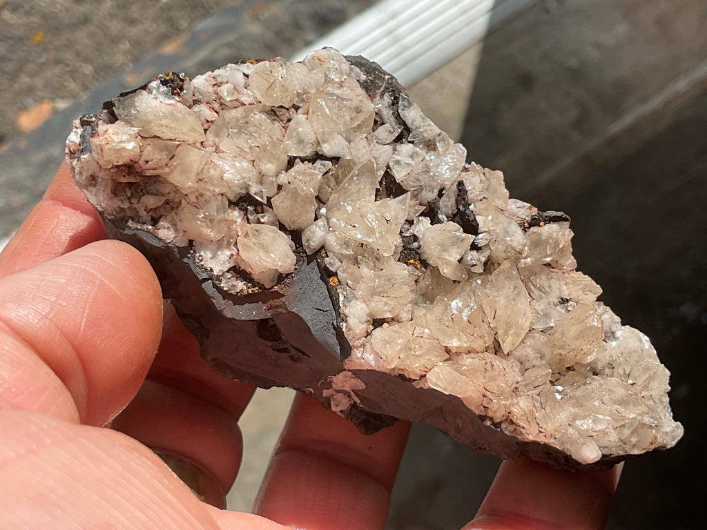 206g Diamond Calcite on Black Siderite with Red Hematite Specimen 9A