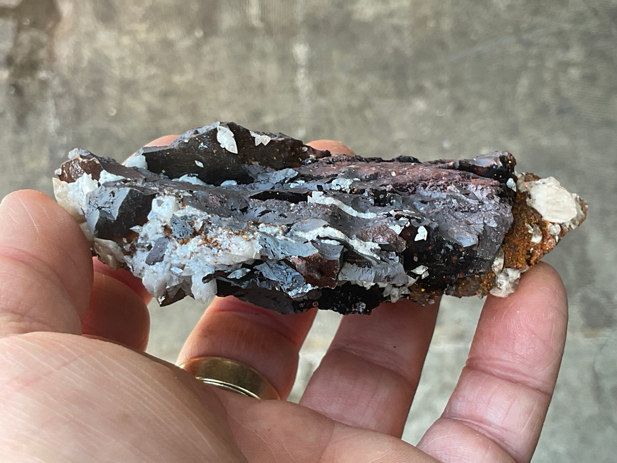 210g Diamond Calcite on Black Siderite with Red Hematite Specimen 9C