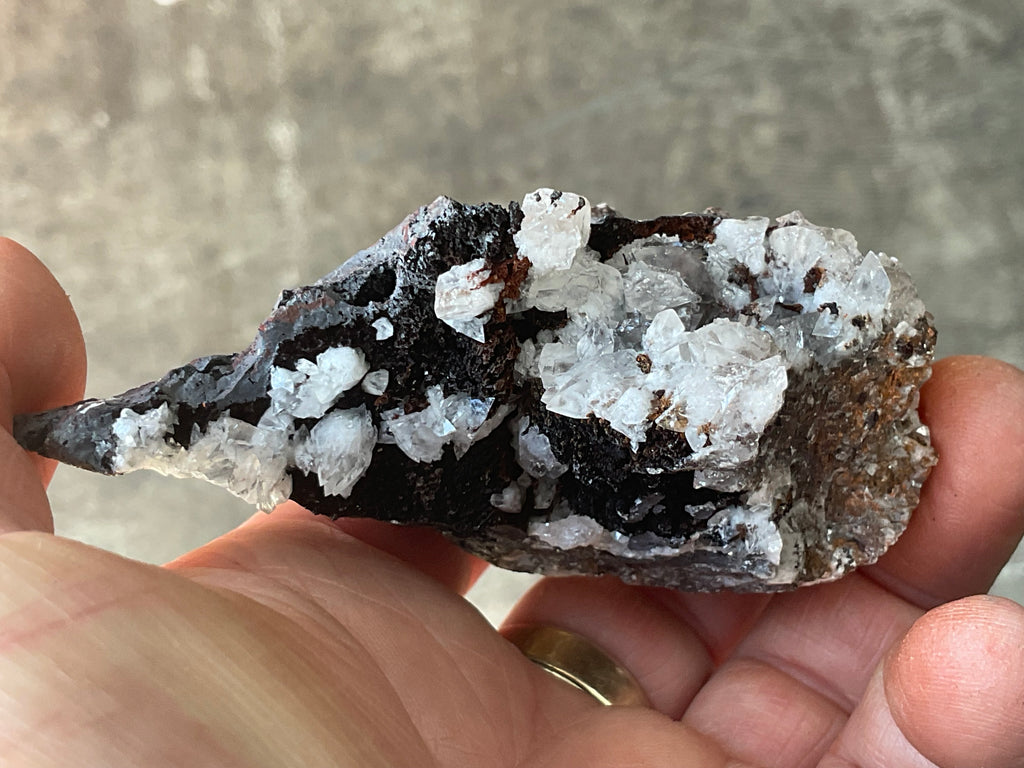 190g Diamond Calcite on Black Siderite with Red Hematite Specimen 10A