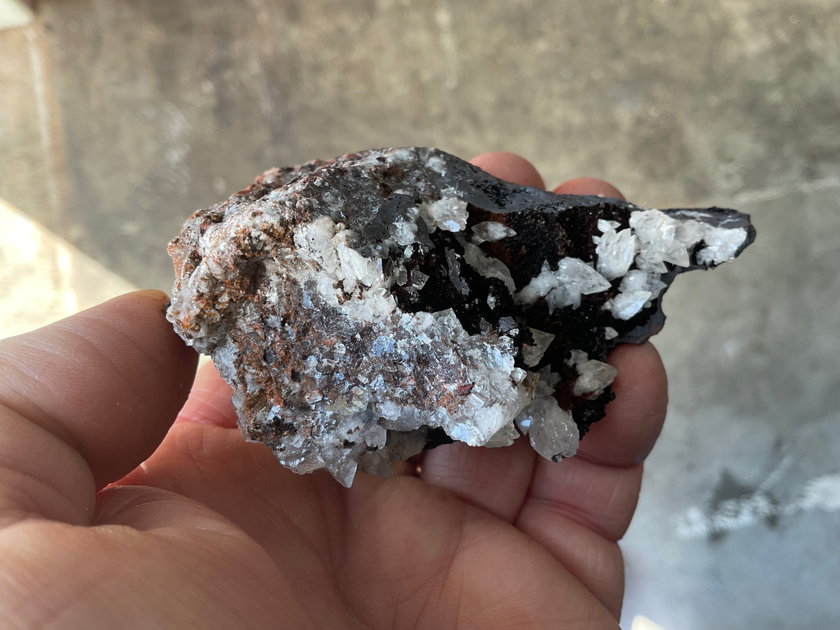 190g Diamond Calcite on Black Siderite with Red Hematite Specimen 10A