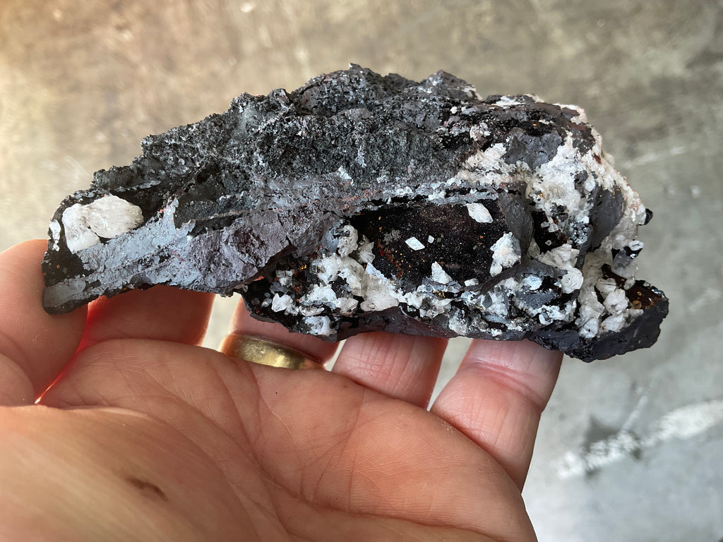 198g Diamond Calcite on Black Siderite with Red Hematite Specimen 10B