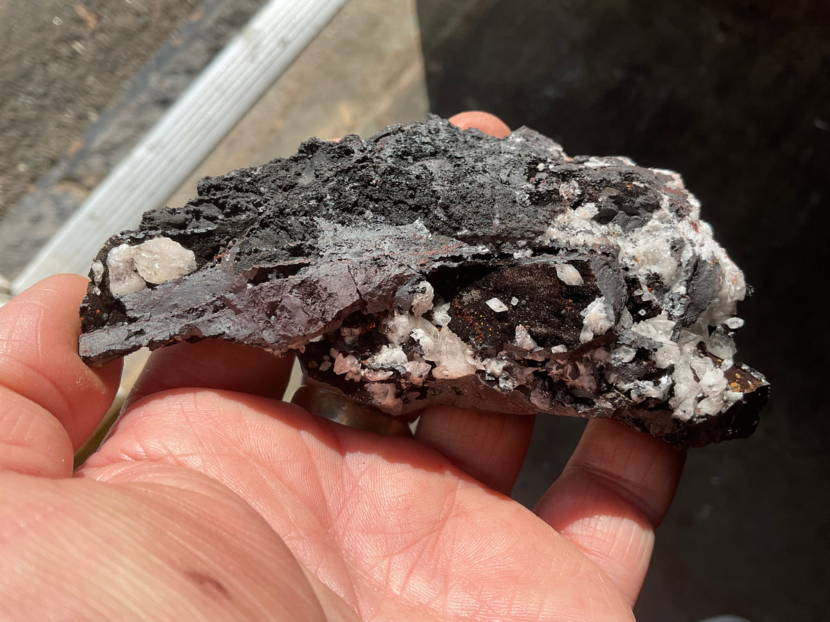 198g Diamond Calcite on Black Siderite with Red Hematite Specimen 10B