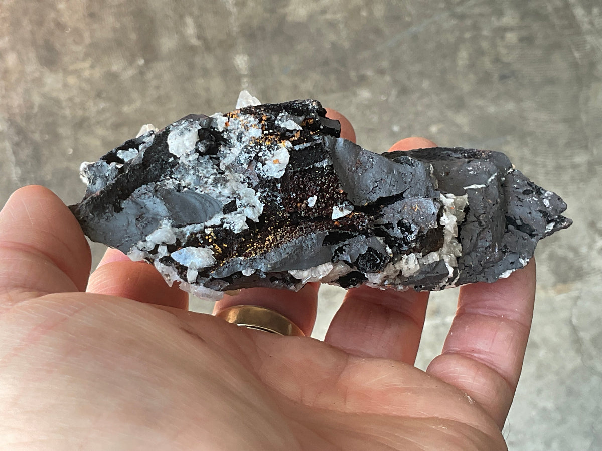 226g Diamond Calcite on Black Siderite with Red Hematite Specimen 11A