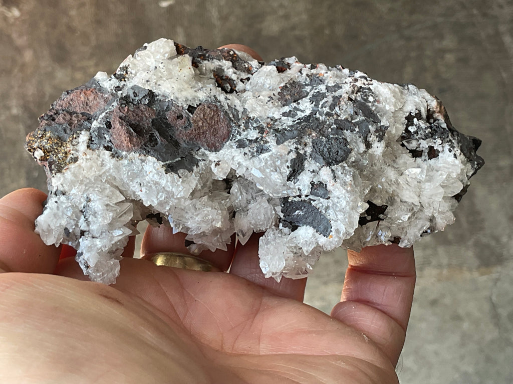226g Diamond Calcite on Black Siderite with Red Hematite Specimen 11A