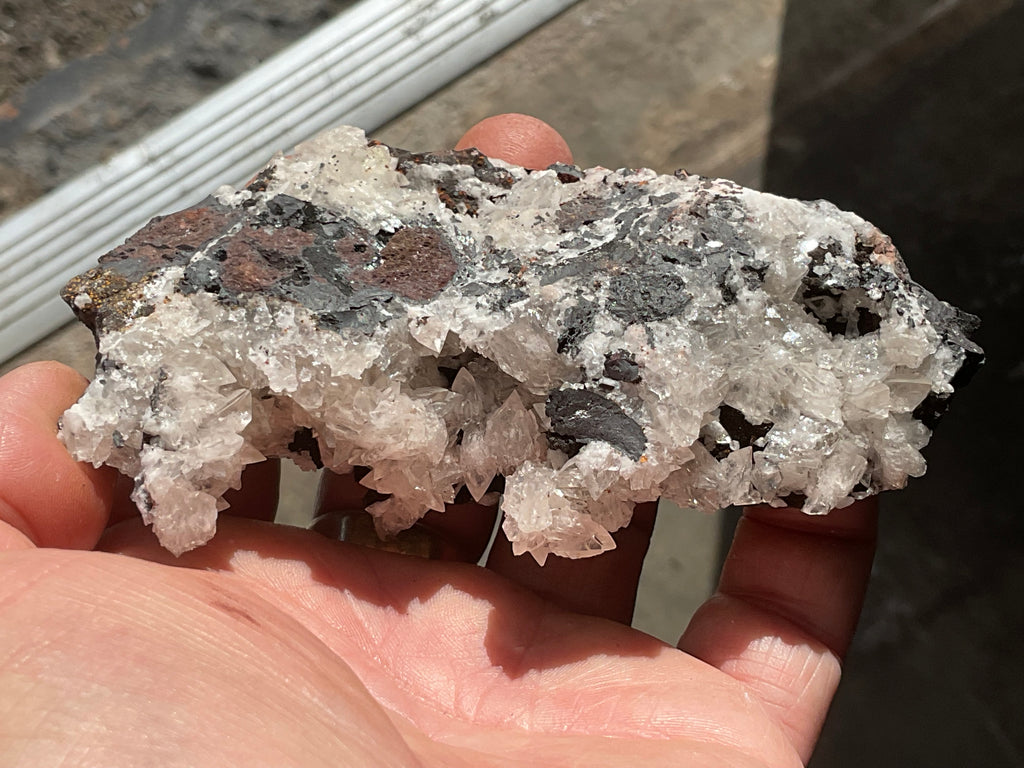 226g Diamond Calcite on Black Siderite with Red Hematite Specimen 11A