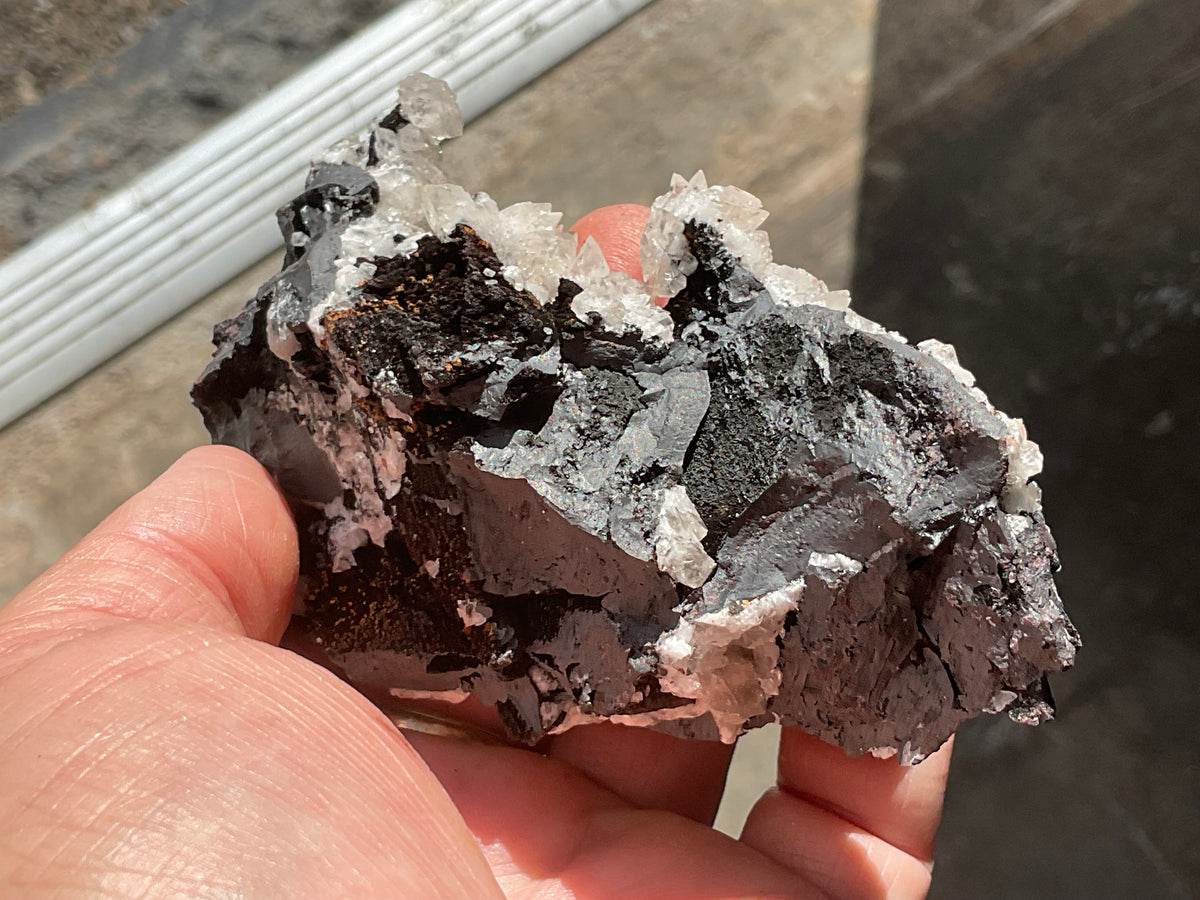 226g Diamond Calcite on Black Siderite with Red Hematite Specimen 11A