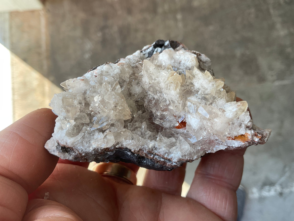 242g Diamond Calcite on Black Siderite with Red Hematite Specimen 11B