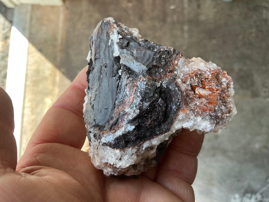 242g Diamond Calcite on Black Siderite with Red Hematite Specimen 11B
