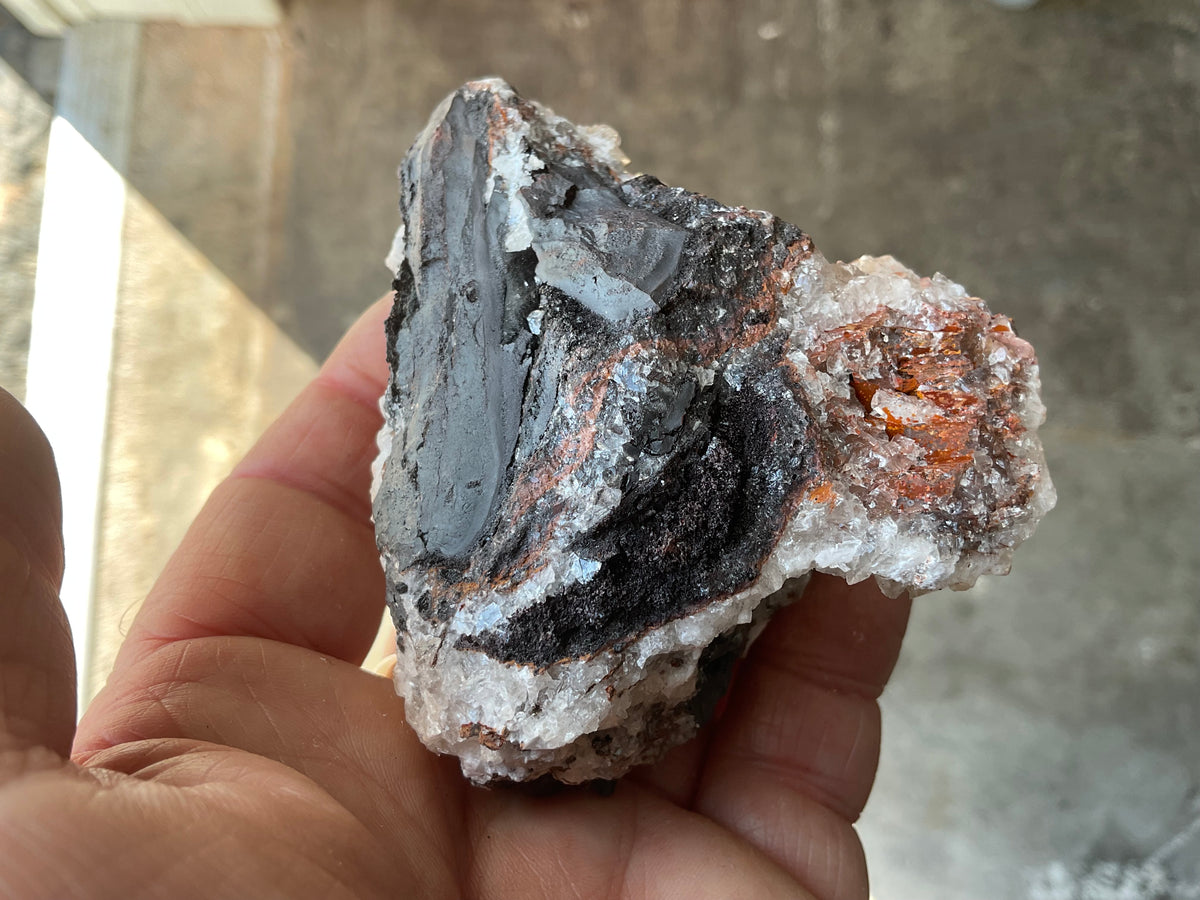 242g Diamond Calcite on Black Siderite with Red Hematite Specimen 11B