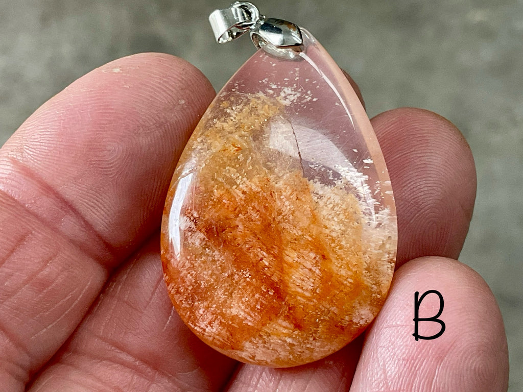 White Feather with Hematite Garden Quartz Pendant 1B