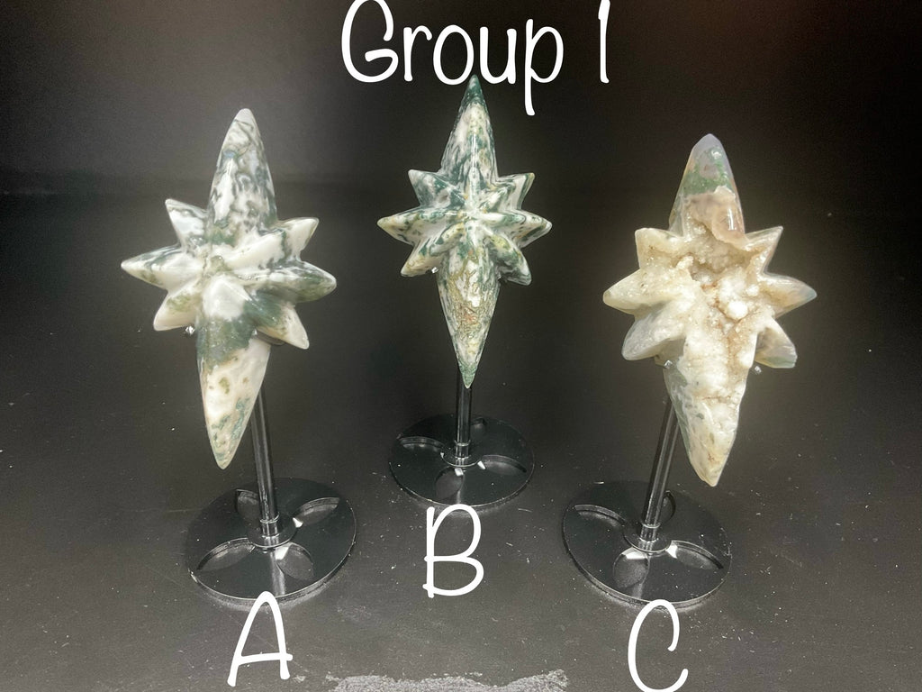 82g Moss Agate Polaris Carving with stand 1A
