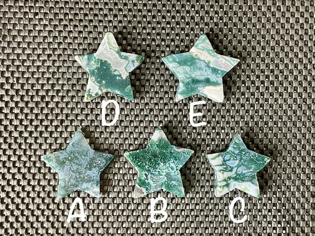 Moss Agate Hand Carved Flat Star Group 1