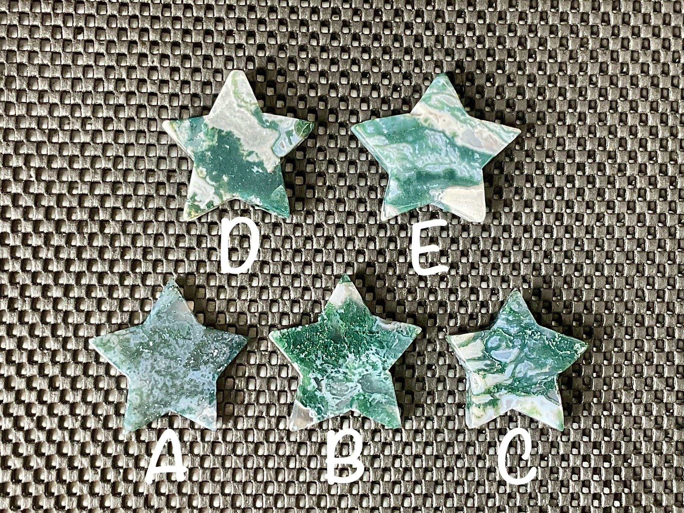 Moss Agate Hand Carved Flat Star Group 1