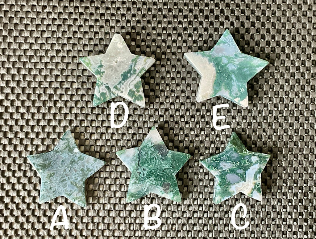 Moss Agate Hand Carved Flat Star Group 1