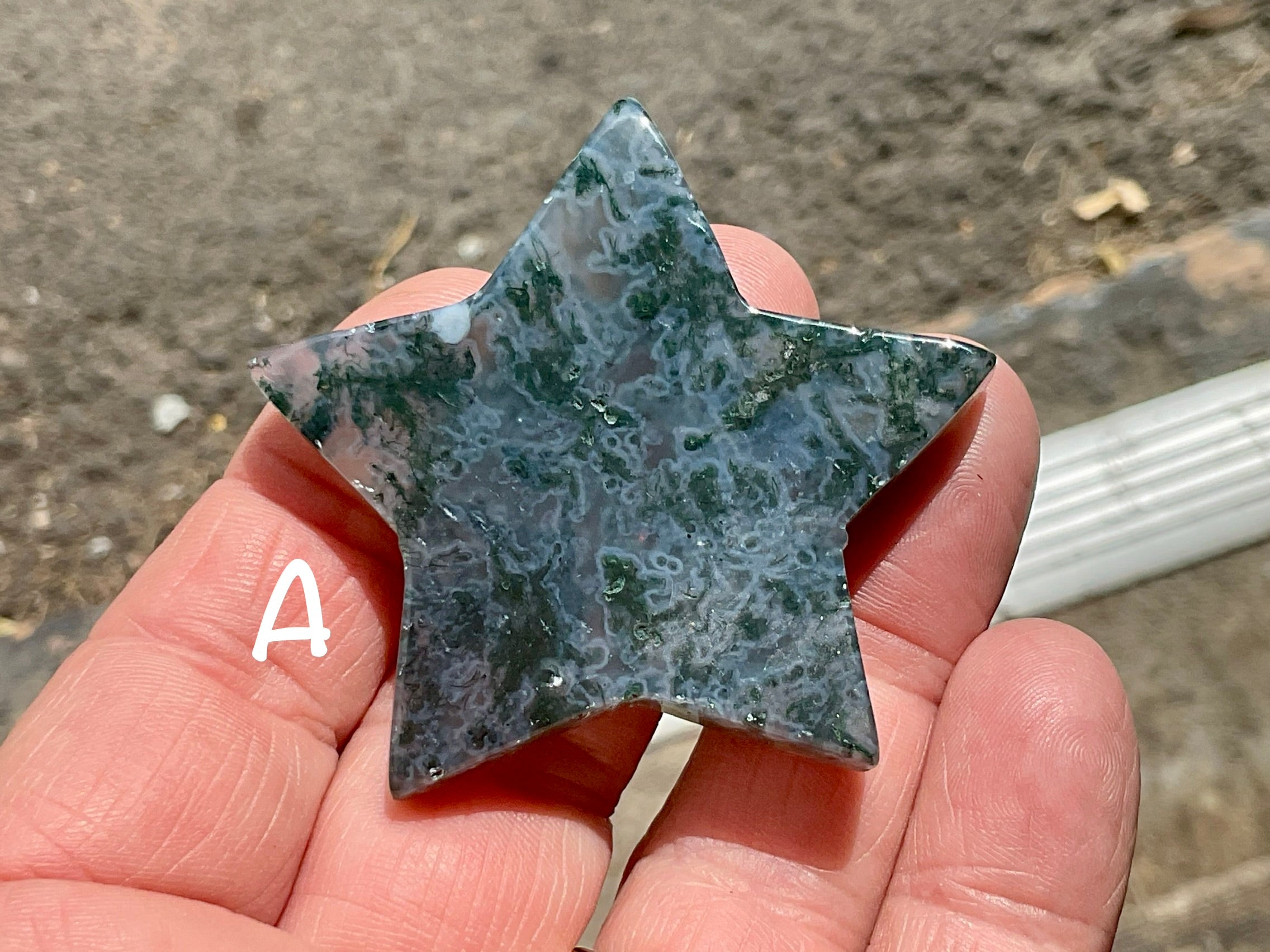 Moss Agate Hand Carved Flat Star Group 1