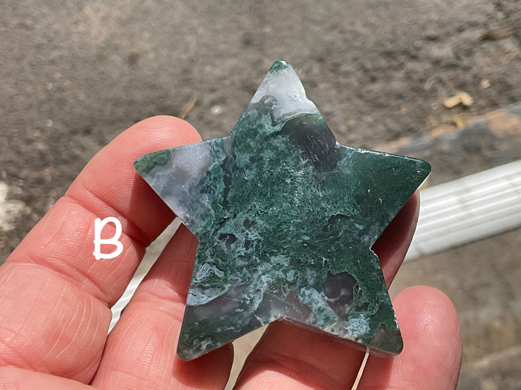 Moss Agate Hand Carved Flat Star Group 1