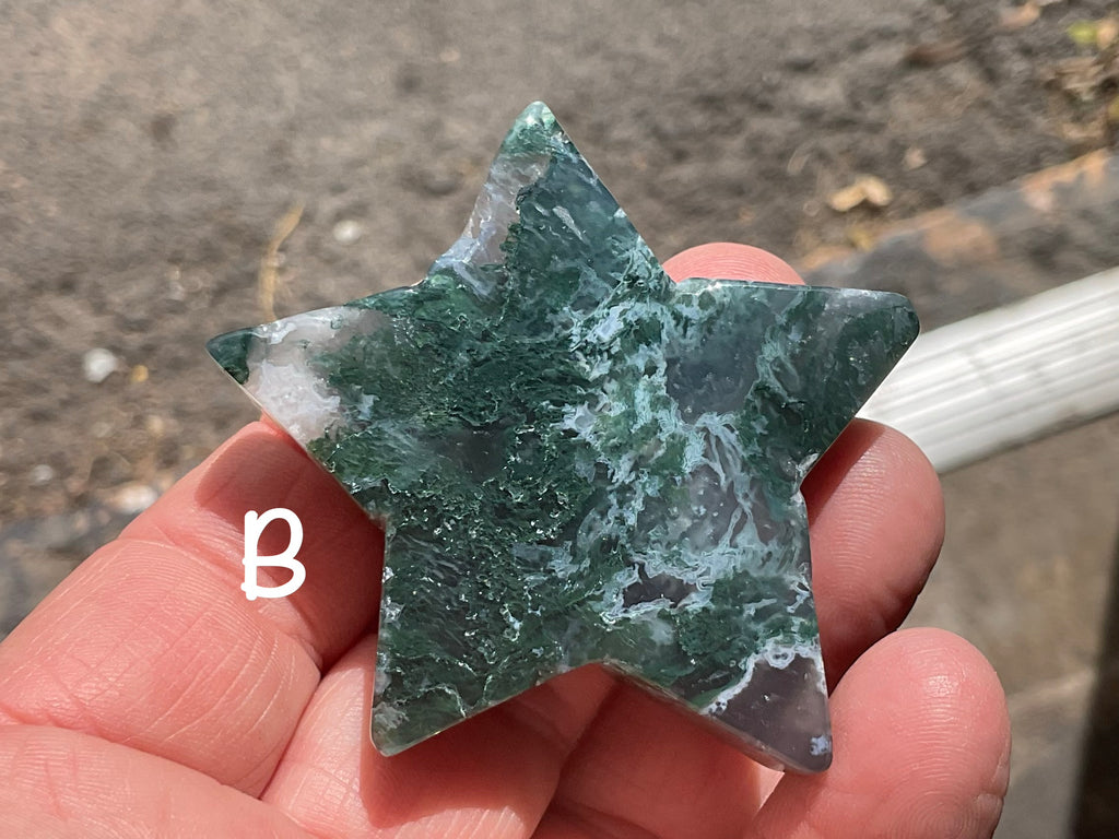 Moss Agate Hand Carved Flat Star Group 1